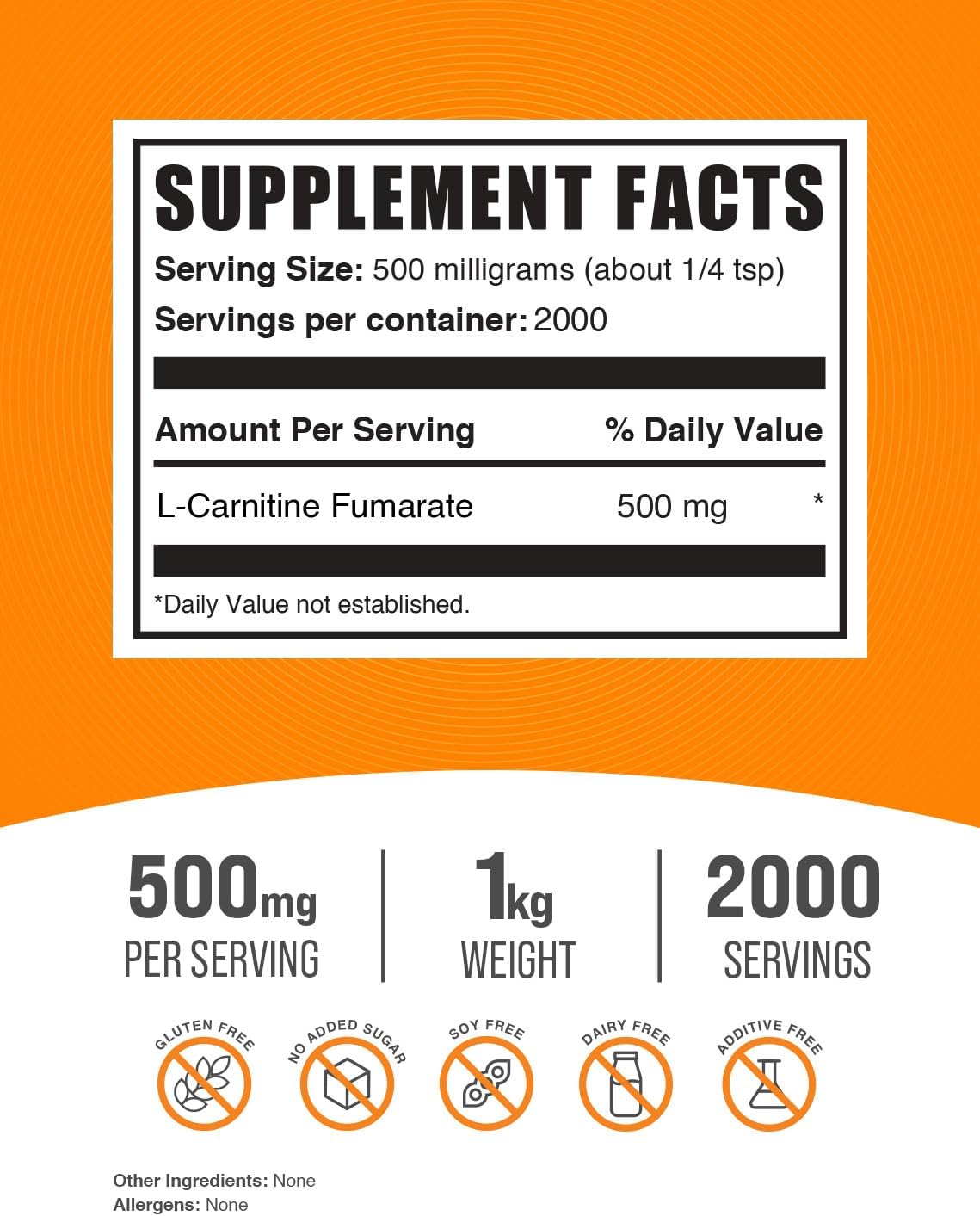 BulkSupplements.com L-Carnitine Fumarate Powder - 500mg per Serving, 1kg (2.2 lbs) - Gluten Free Carnitine Supplement