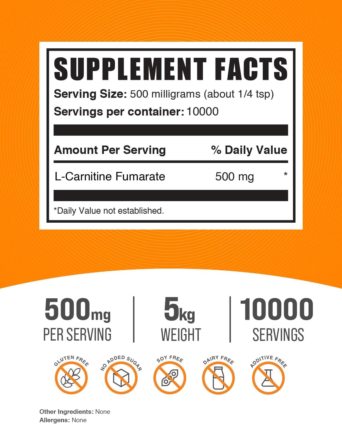 BulkSupplements.com L-Carnitine Fumarate Powder - 500mg Carnitine Supplement, Gluten Free - 5kg (11 lbs) Pack of 5