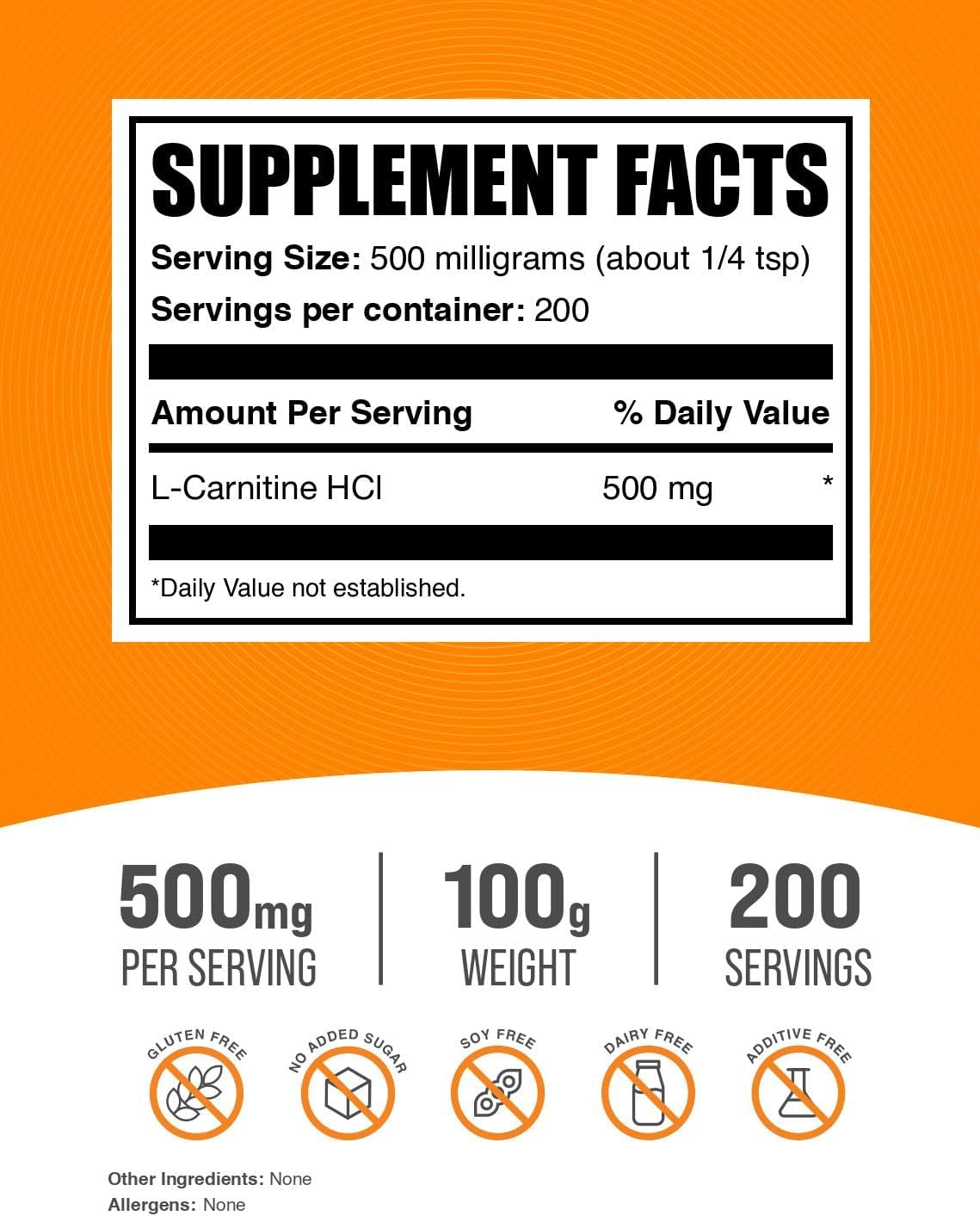 BulkSupplements.com L-Carnitine HCl Powder - 100g (3.5 oz), 500mg per Serving - Carnitine Supplement, Unflavored & Gluten Free - 1 Pack