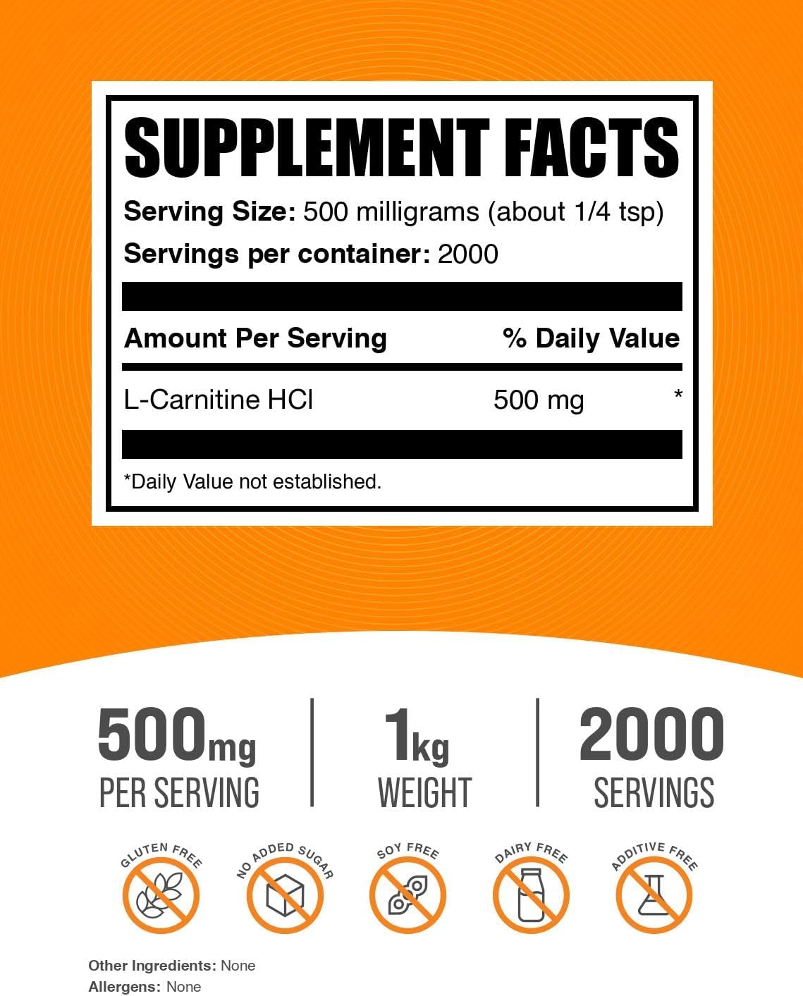 BulkSupplements.com L-Carnitine HCl Powder - 1kg (2.2 lbs) - Unflavored Carnitine Supplement, Gluten Free, 500mg per Serving - Pack of 1