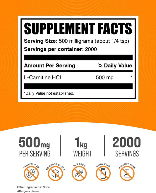 BulkSupplements.com L-Carnitine HCl Powder - 1kg (2.2 lbs) - Unflavored Carnitine Supplement, Gluten Free, 500mg per Serving - Pack of 1