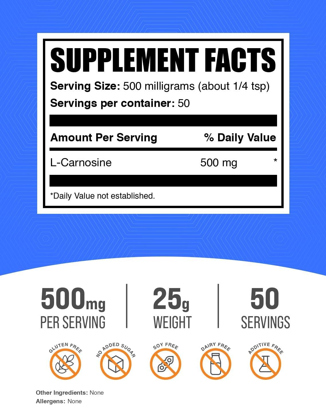 BulkSupplements.com L-Carnosine Powder - Amino Acid Supplement, Gluten Free, 500mg per Serving - 25g (0.88 oz) Pack for Carnosine Support