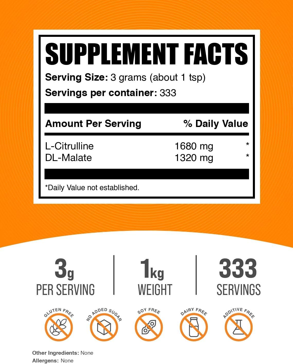 BulkSupplements.com L-Citrulline Malate Powder - Unflavored Citrulline Supplement, Gluten Free - 3g per Serving, 1kg (2.2 lbs) - Pack of 1