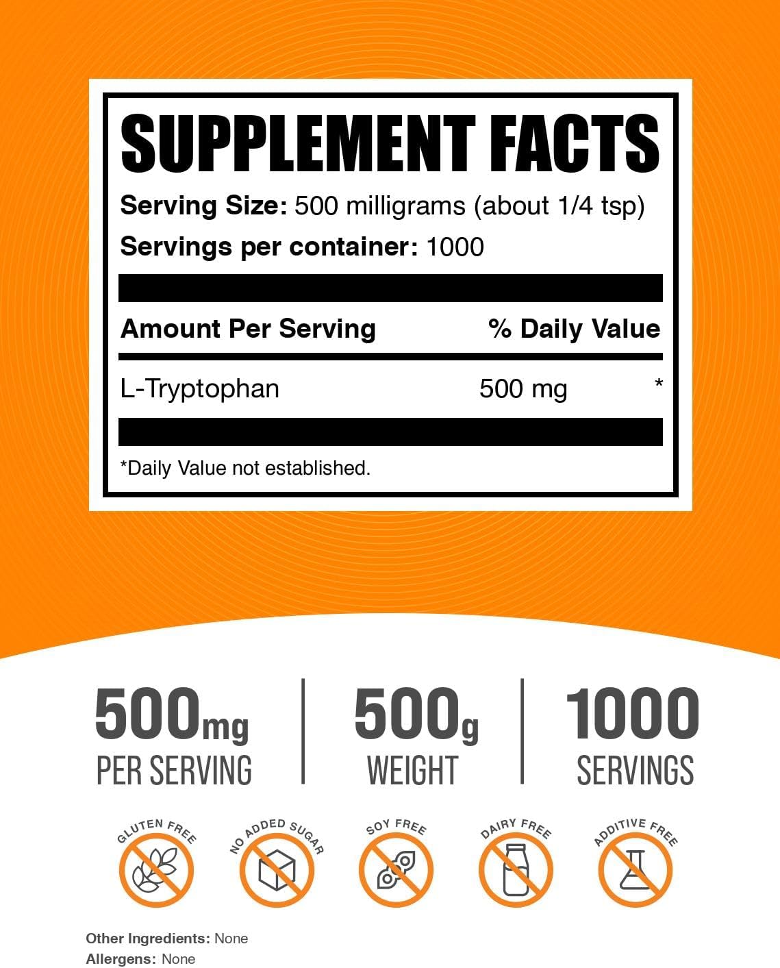 BulkSupplements.com L-Tryptophan Powder - 500g (1.1 lbs) - Amino Acid Supplement, Gluten Free - 500mg per Serving - Pack of 1