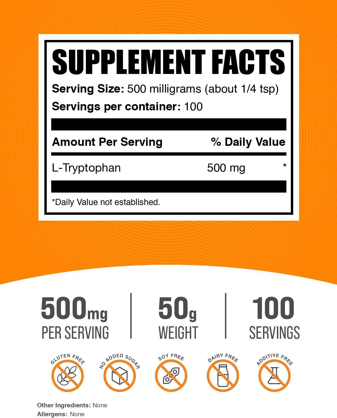 BulkSupplements.com L-Tryptophan Powder - 500mg Tryptophan Supplement, Amino Acid, Gluten Free - 50g (1.8 oz) Pack of 1