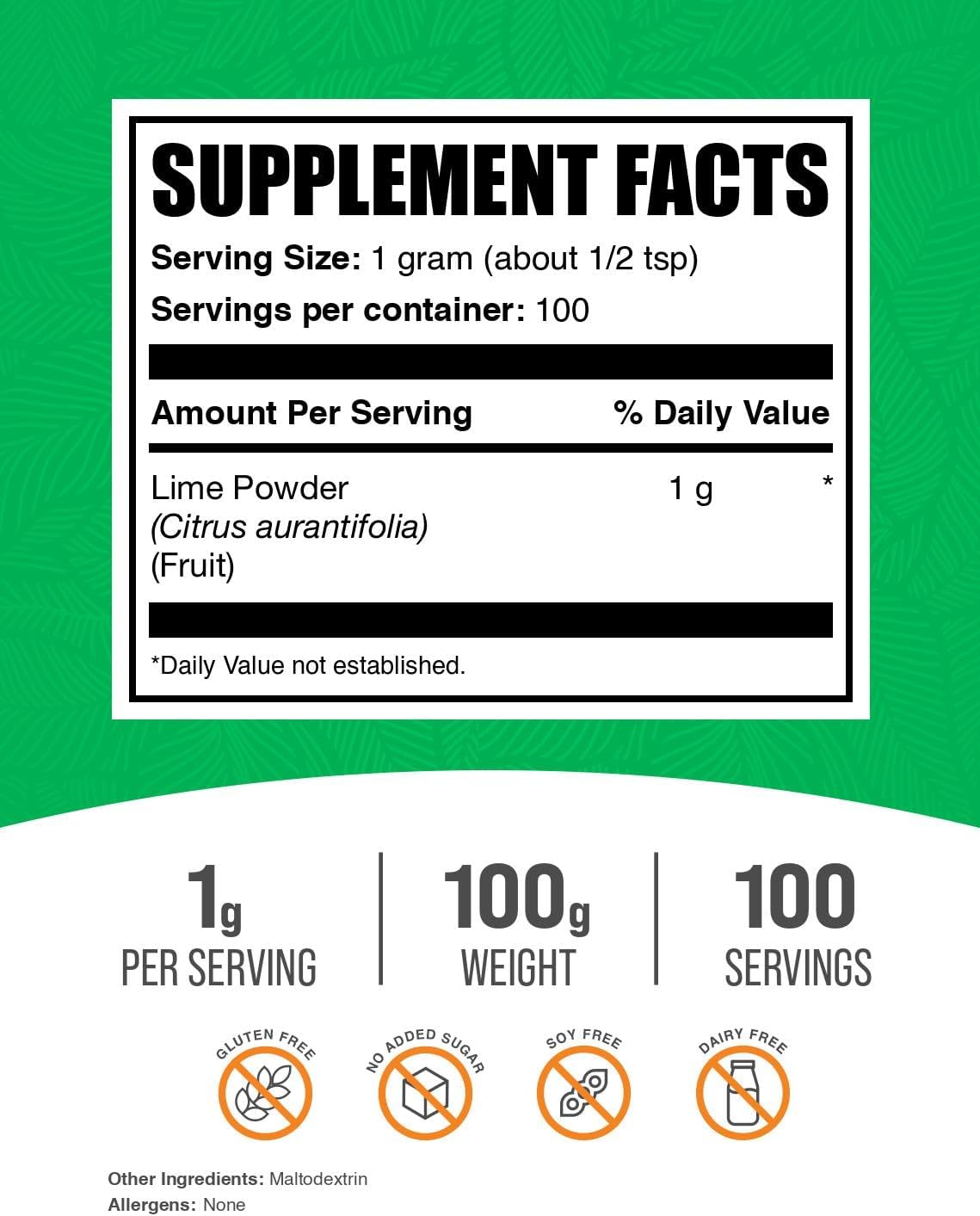 BulkSupplements.com Lime Powder - Dehydrated Lime Fruit Powder for Flavoring, Gluten-Free, 1000mg per Serving - 100g (3.5 oz) Pack of 1