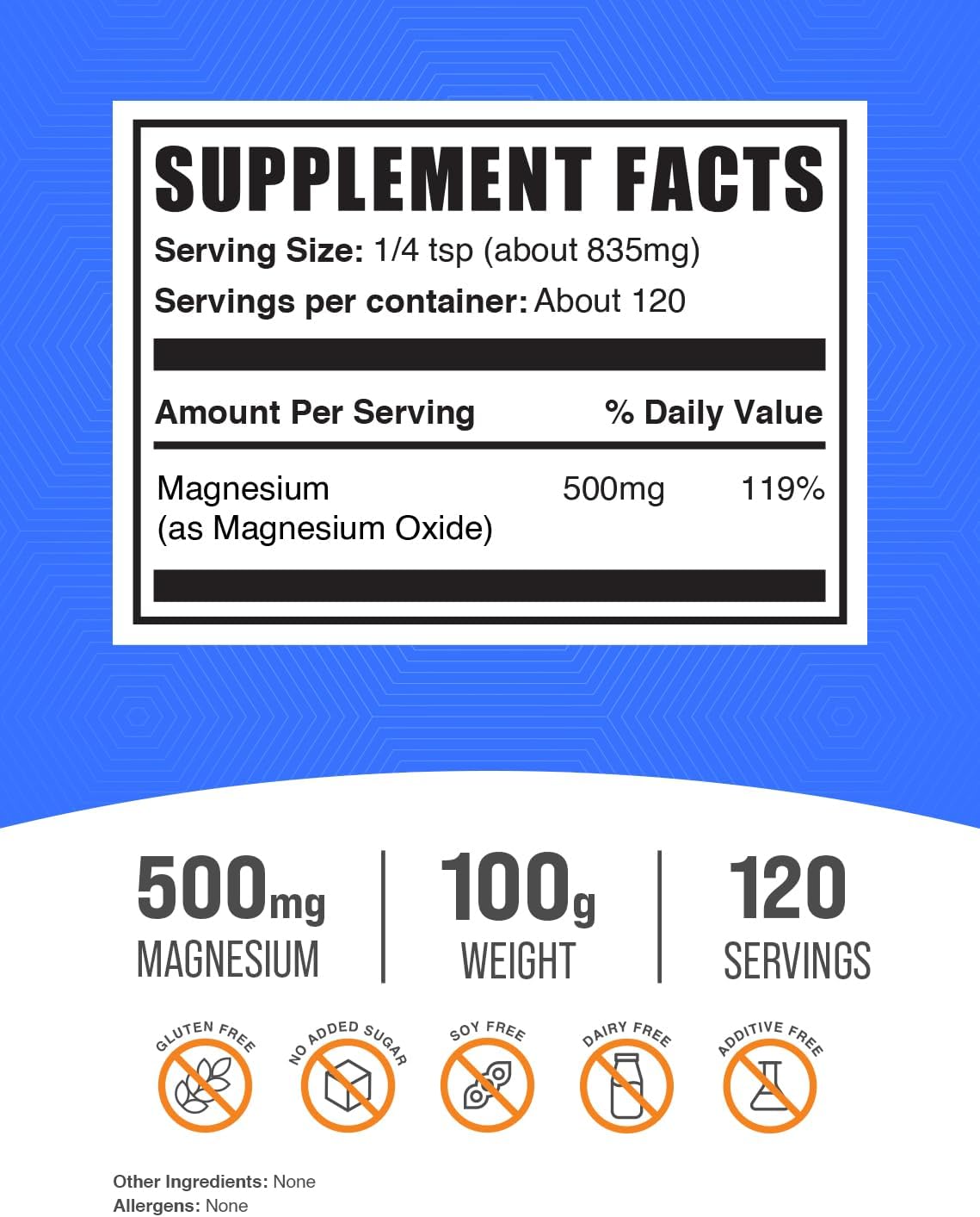 BulkSupplements.com Magnesium Oxide Powder - 500mg Magnesium Supplement, Gluten Free - 100g (3.5 oz) (1 Pack)