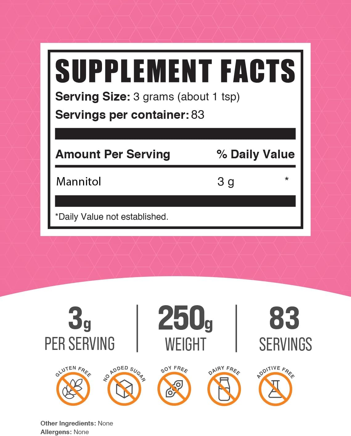BulkSupplements.com Mannitol Powder - Natural Gluten-Free Sweetener and Supplement - 250g (8.8 oz) Pack of 1 - 3g per Serving