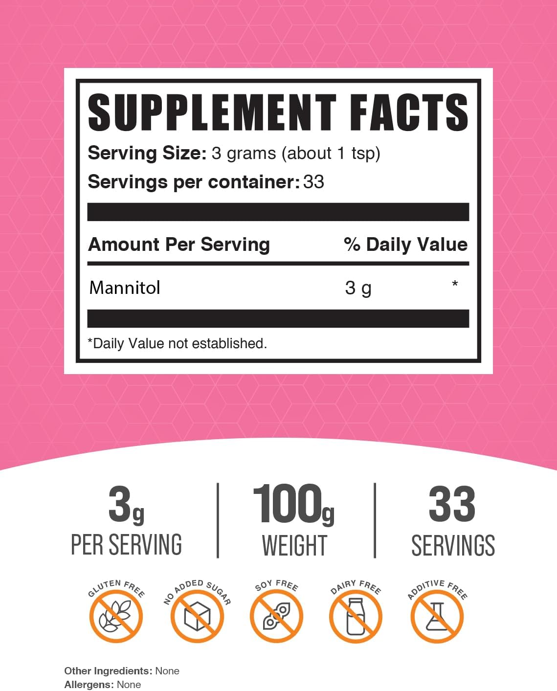 BulkSupplements.com Mannitol Powder - Natural Gluten-Free Sugar Substitute, 100g (3.5 oz) - Pack of 1 - Mannitol Sweetener Supplement