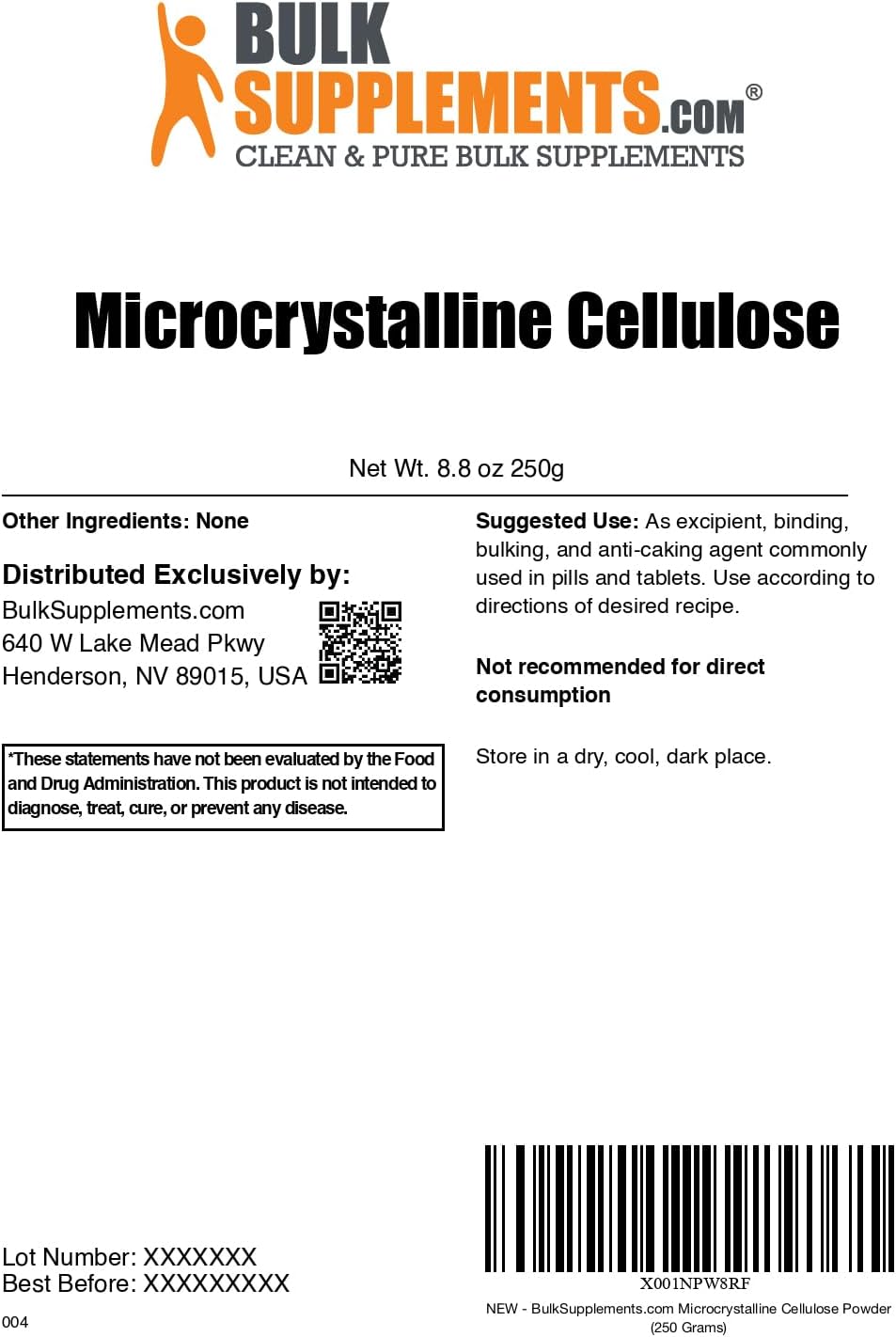 BulkSupplements.com Microcrystalline Cellulose Powder - Food Grade MCC Powder for Binding & Anti-Caking, 250g (8.8 oz) Pack