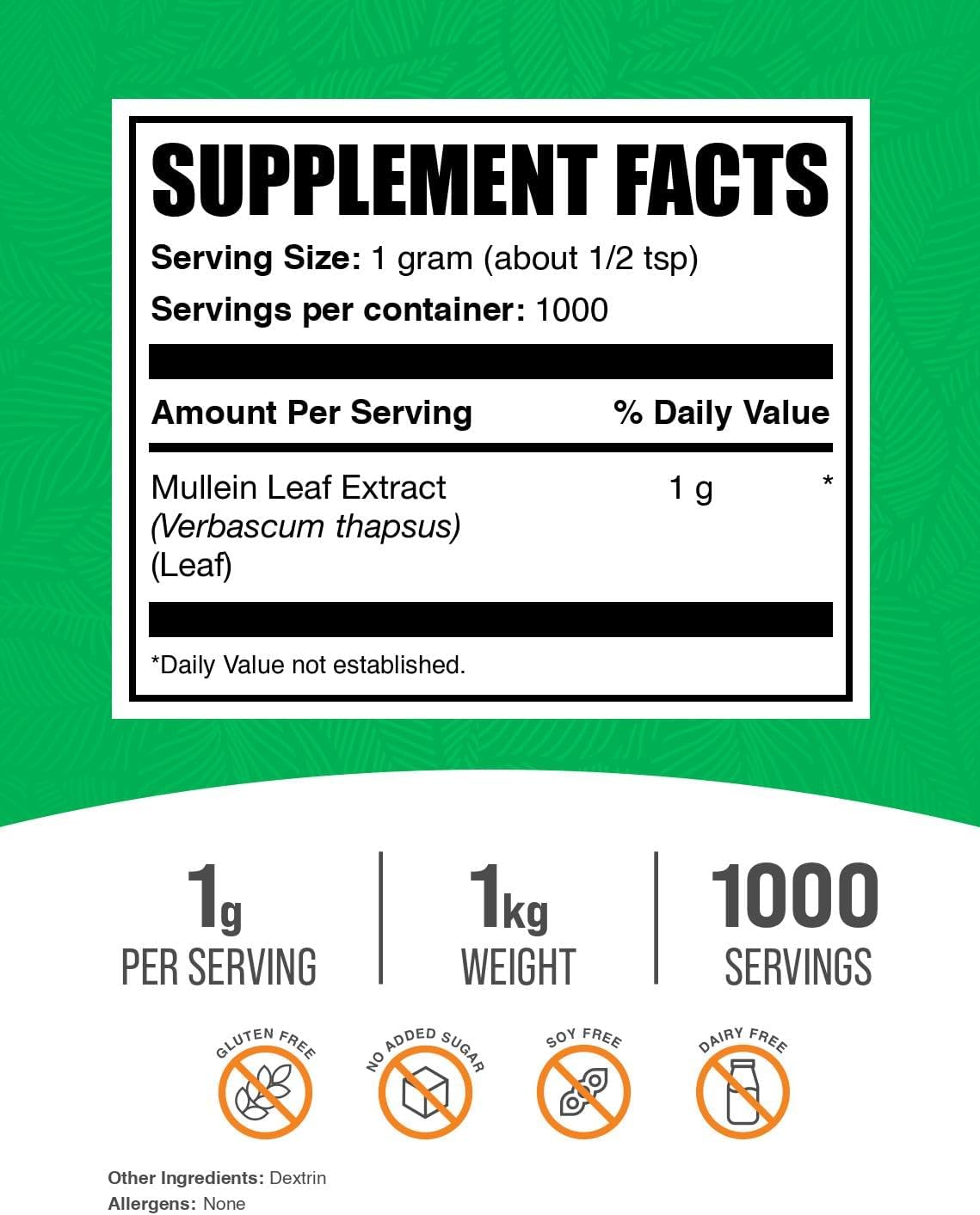 BulkSupplements.com Mullein Leaf Extract - Immune Support Herbal Supplement, 1000mg, 1kg (2.2 lbs) - Gluten Free
