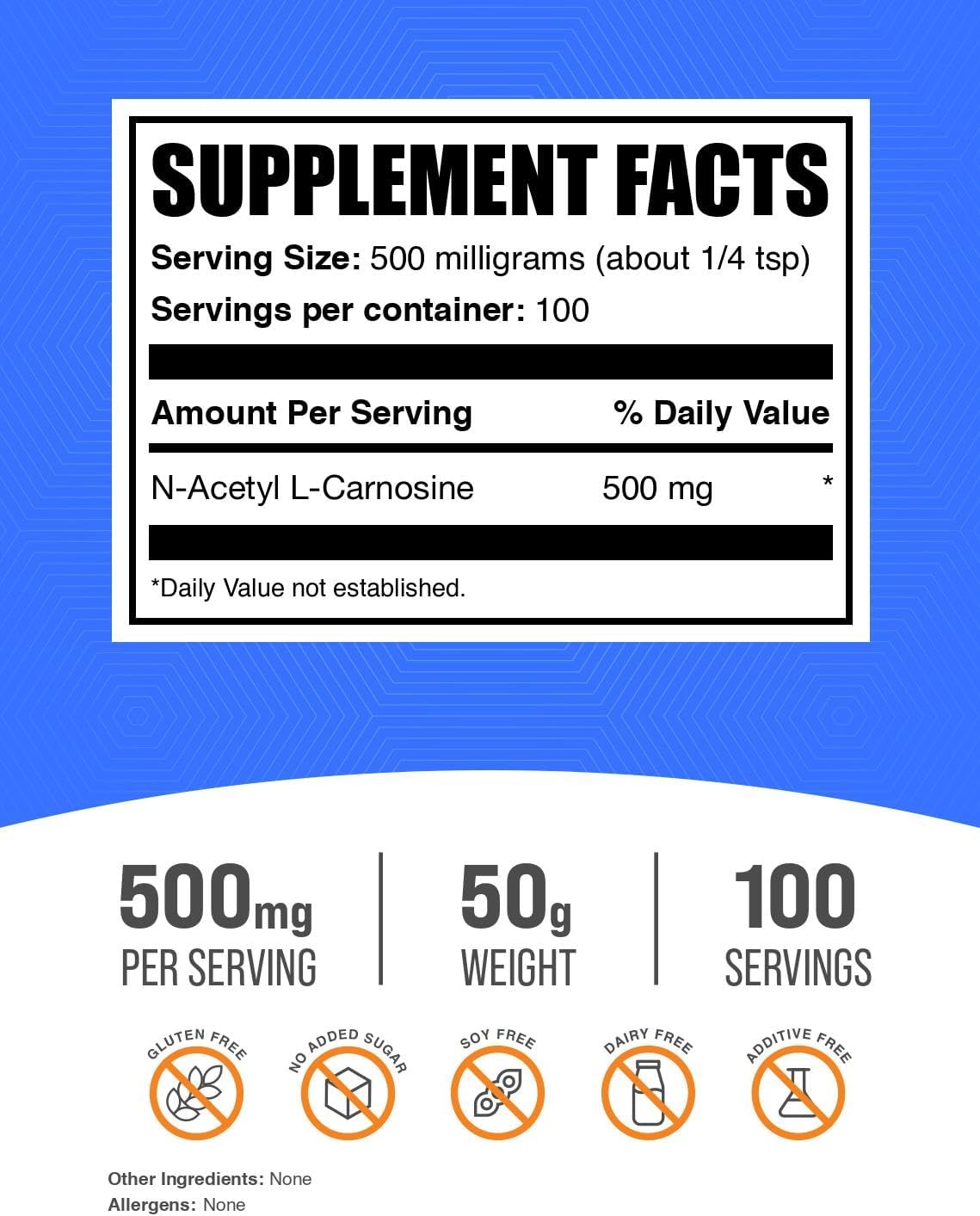 BulkSupplements.com N-Acetyl L-Carnosine Powder - 500mg per Serving, Gluten Free - 50g (1.8 oz) - Carnosine Supplement Pack