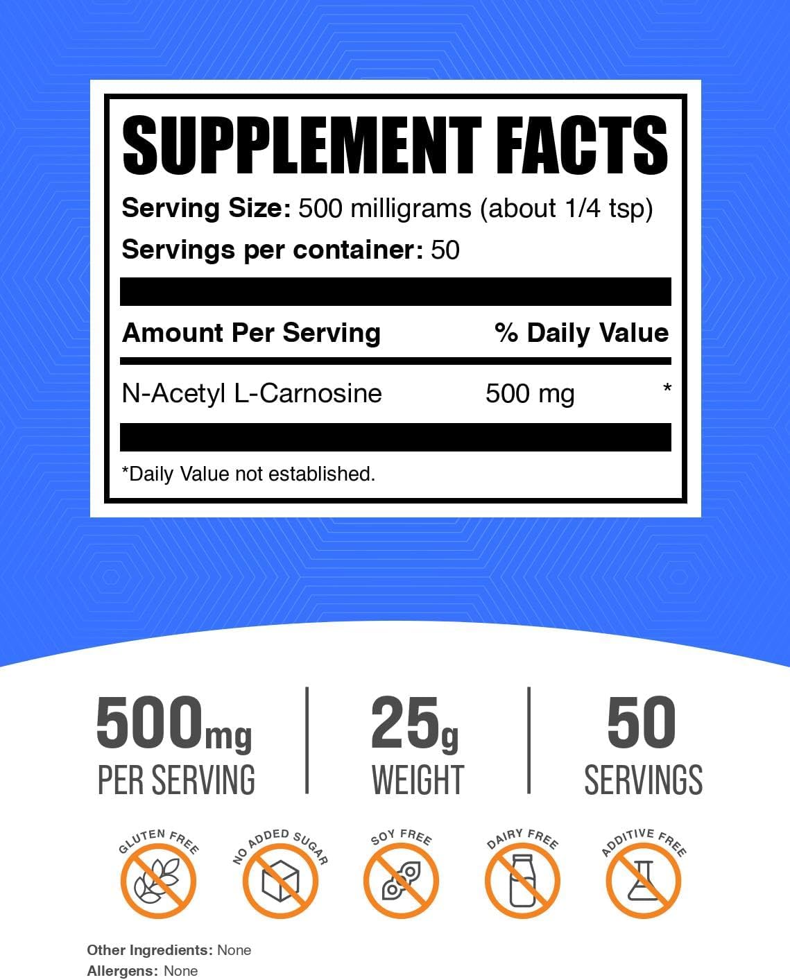 BulkSupplements.com N-Acetyl L-Carnosine Powder - 500mg Carnosine Supplement, Gluten Free, 25g (0.88 oz) - Pack of 1