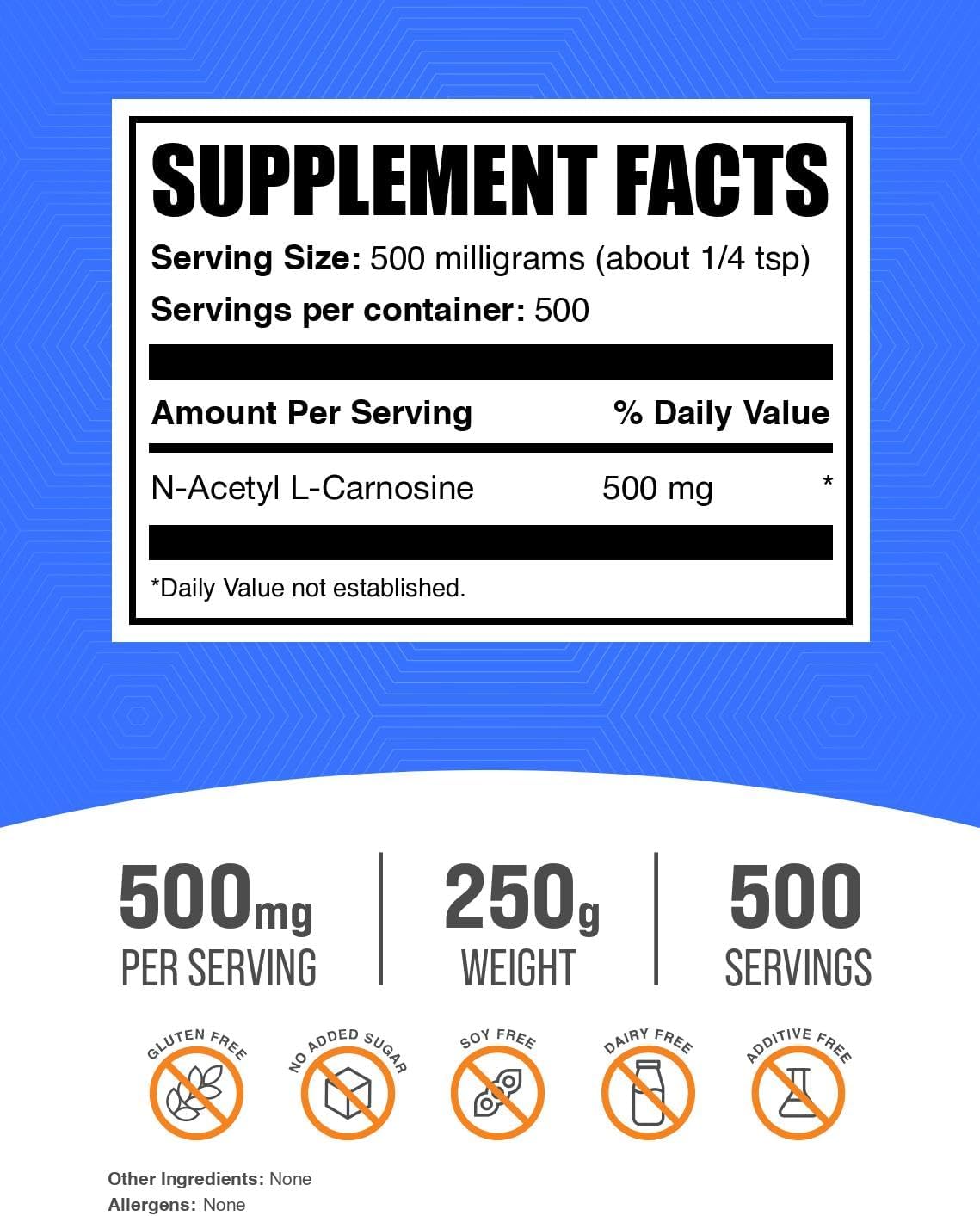BulkSupplements.com N-Acetyl L-Carnosine Powder - 500mg per Serving, Gluten Free Carnosine Supplement - 250g (8.8 oz) - Pack of 1