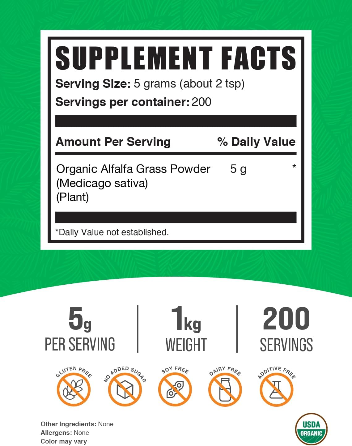 BulkSupplements.com Organic Alfalfa Grass Powder - Vegan Gluten-Free Superfood Supplement, 1kg (2.2 lbs) - Pack of 1, 5g per Serving