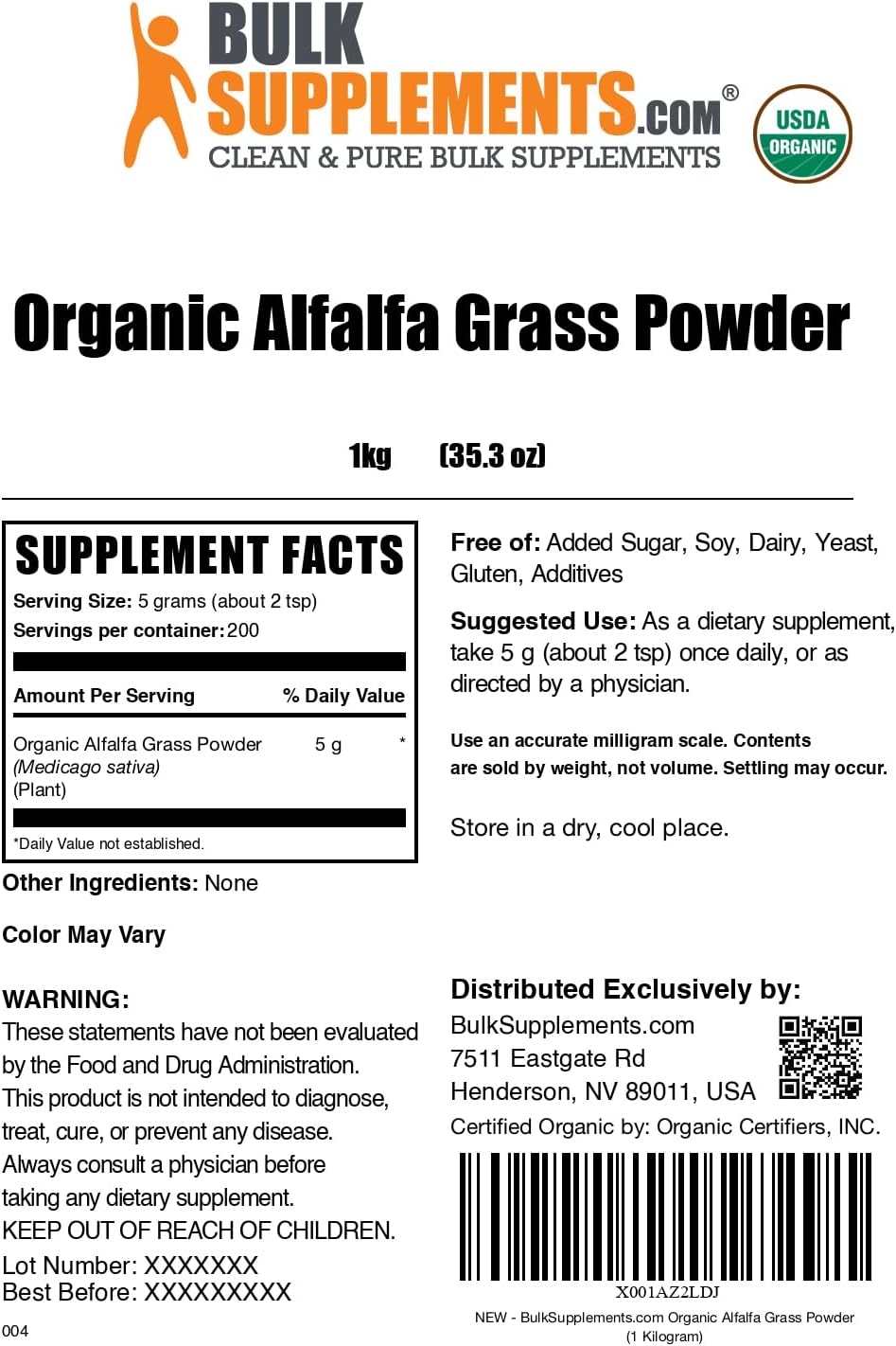 BulkSupplements.com Organic Alfalfa Grass Powder - Vegan Gluten-Free Superfood Supplement, 1kg (2.2 lbs) - Pack of 1, 5g per Serving