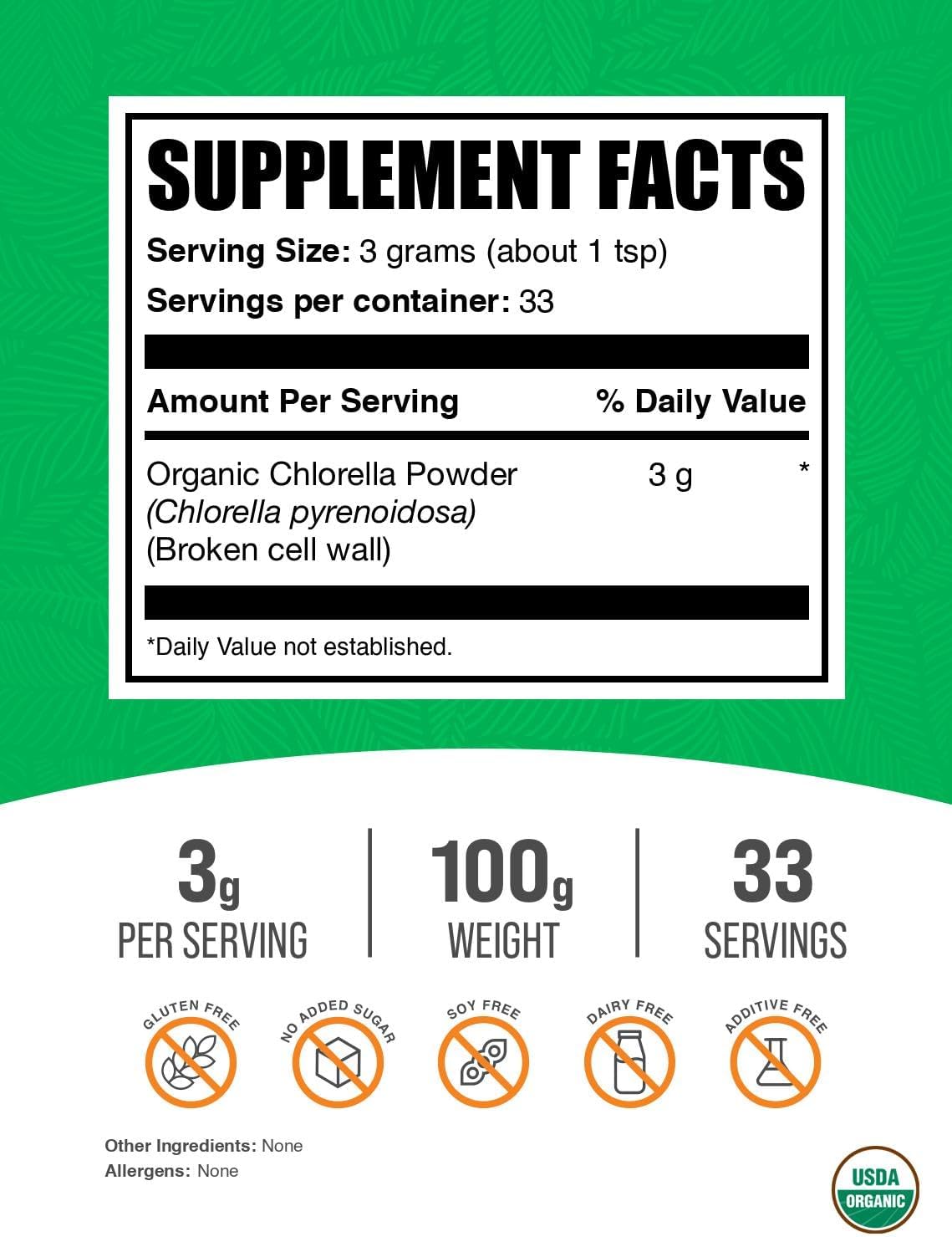 BulkSupplements.com Organic Chlorella Powder - Green Superfood Supplement, Vegan & Gluten-Free, 100g (3.5 oz)