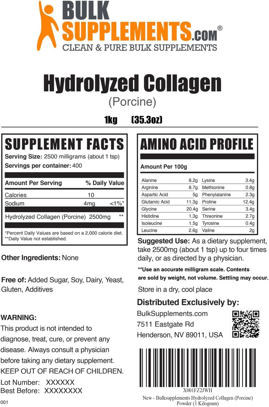 BulkSupplements.com Porcine Collagen Protein Powder - Hydrolyzed Collagen Peptides Supplement, Gluten Free, 2500mg per Serving, 5kg