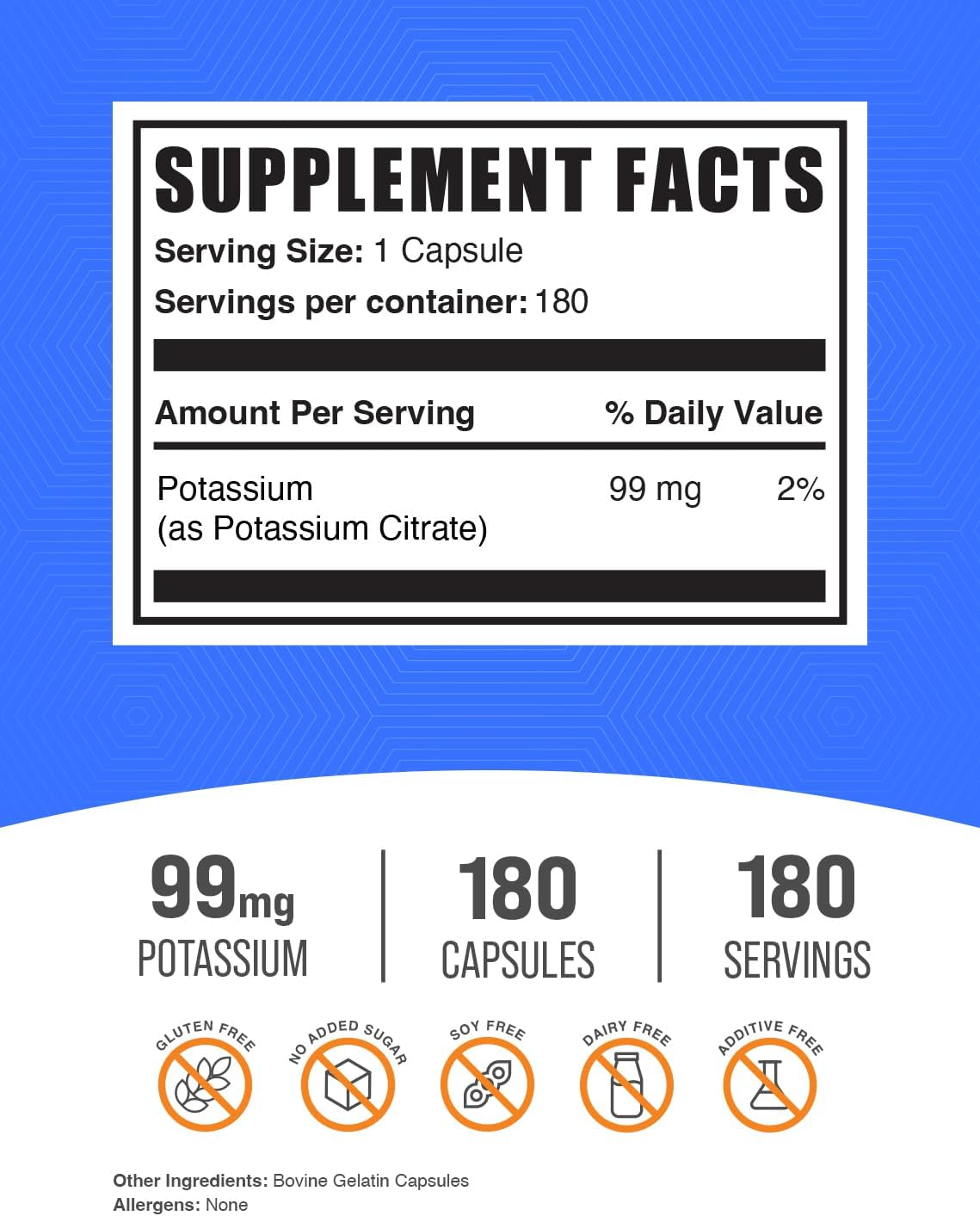 BulkSupplements.com Potassium Citrate Capsules - 99mg Potassium Supplement - 180 Capsules, 1 Capsule per Serving