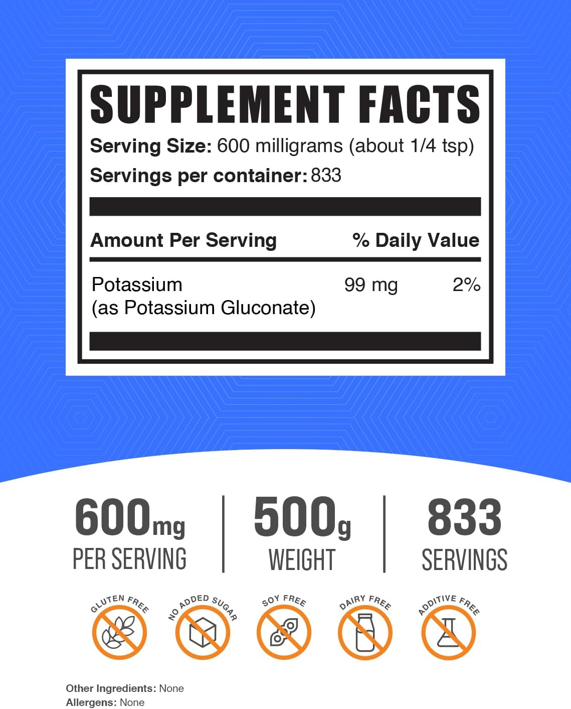 BulkSupplements.com Potassium Gluconate Powder - 600mg per Serving, Gluten Free Potassium Supplement - 99mg Potassium, 500g (1.1 lbs)