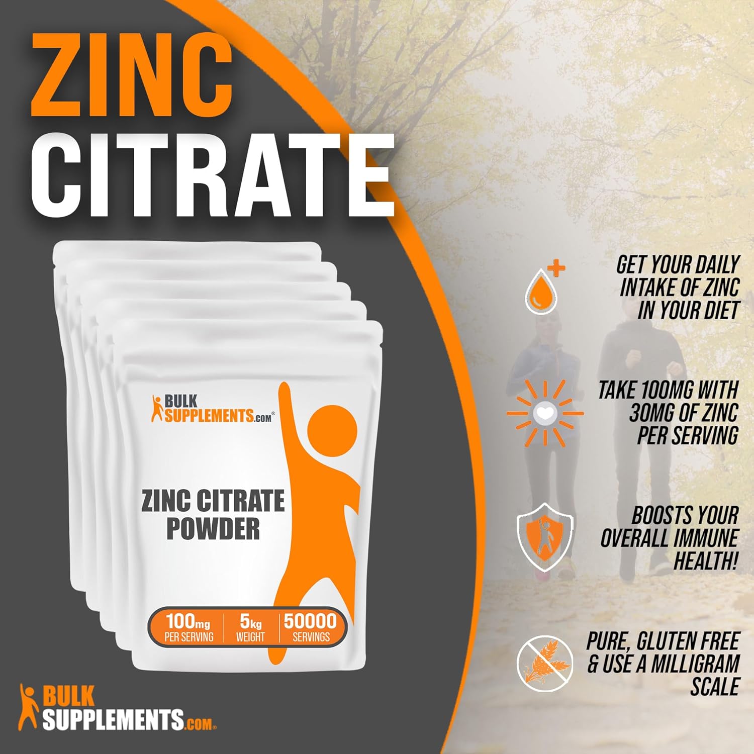 BulkSupplements.com Pure Zinc Citrate Powder - 30mg Zinc Supplements for Immune Support - Gluten Free, 100mg per Serving - 5kg (11 lbs)