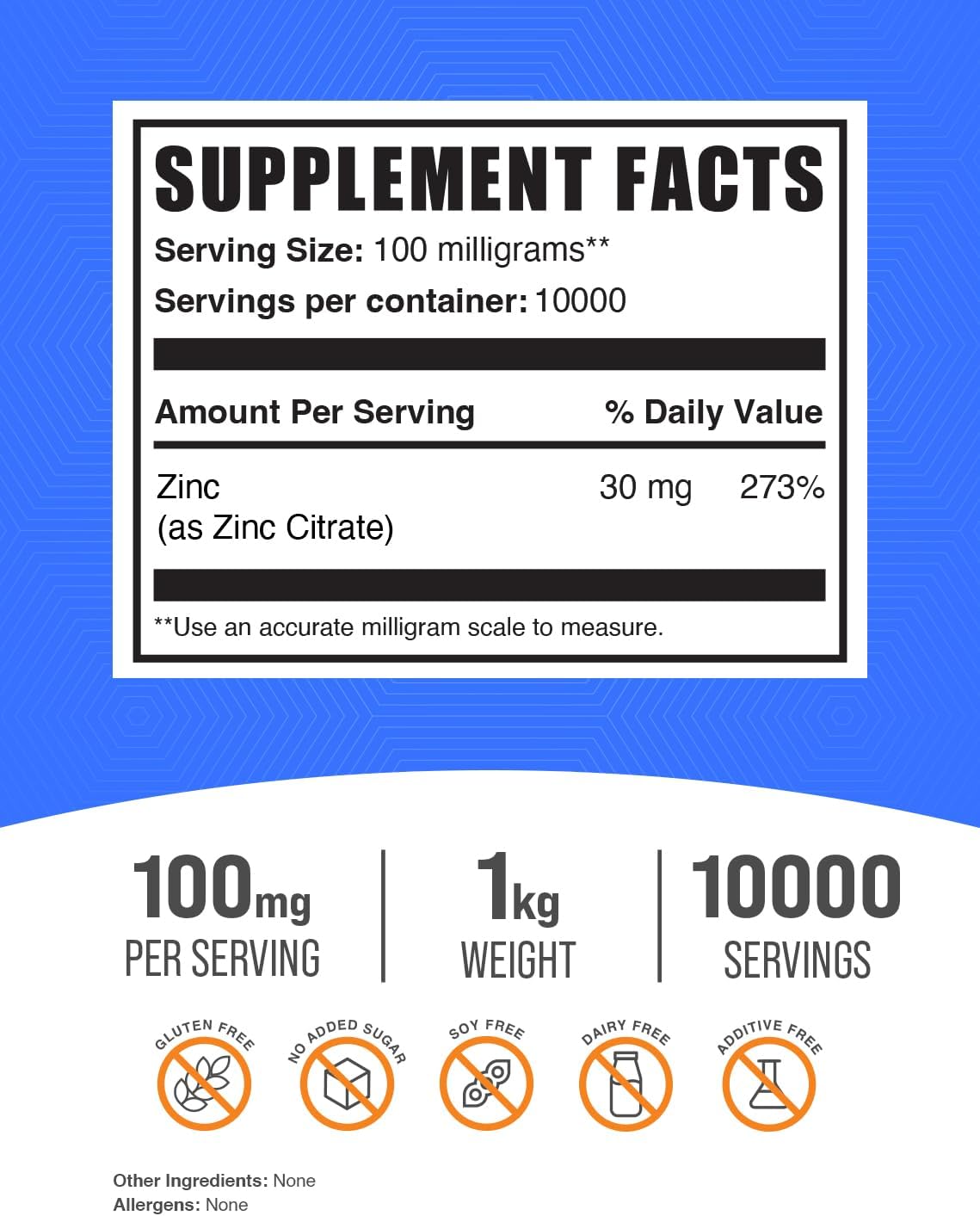 BulkSupplements.com Pure Zinc Citrate Powder - Immune Support Supplement, 30mg Zinc - Gluten Free, 100mg per Serving, 1kg (2.2 lbs) Pack