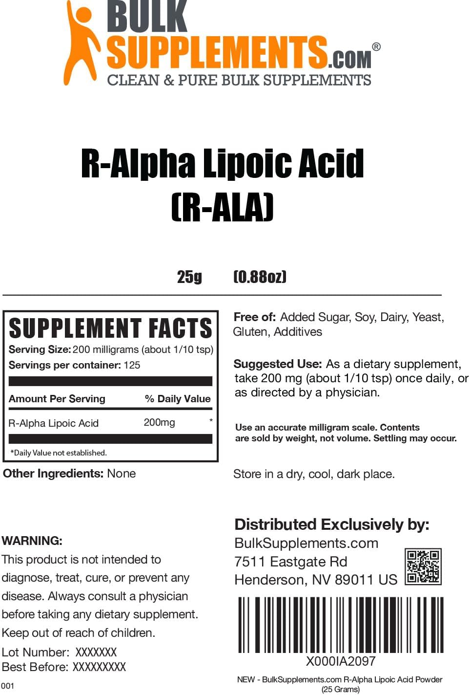 BulkSupplements.com R-Alpha Lipoic Acid Powder - 200mg per Serving, Antioxidant Supplement - Gluten Free, 25g (0.88 oz) - Pack of 1