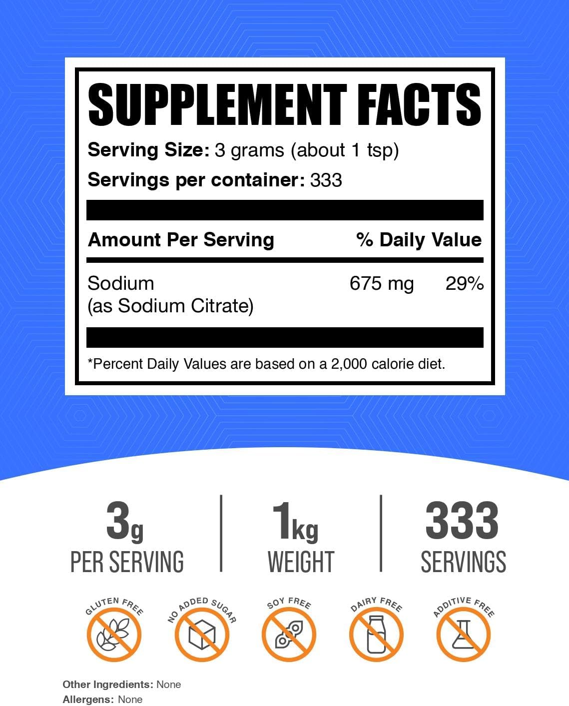 BulkSupplements.com Sodium Citrate Powder - Food Grade Sodium Citrate Supplement - Emulsifier & Flavor Enhancer - Gluten Free - 1kg Pack with 3g per Serving
