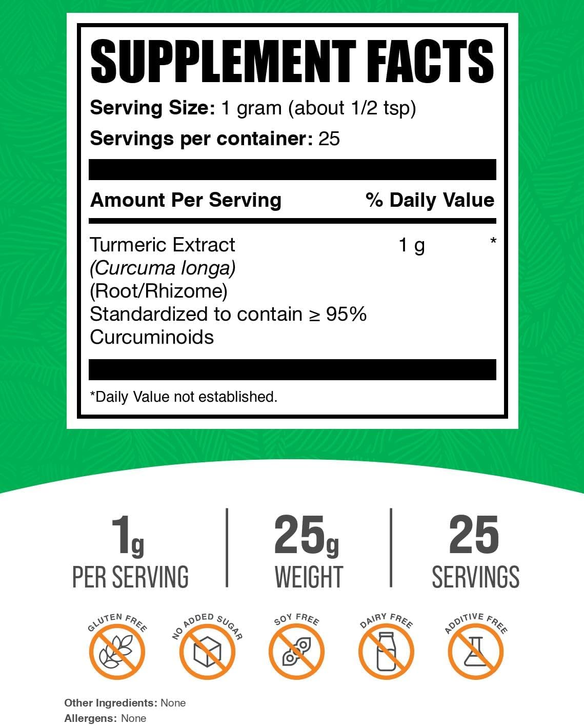 BulkSupplements.com Turmeric Extract Powder - 1000mg Curcumin Supplements, Gluten Free, 25g - Single Pack