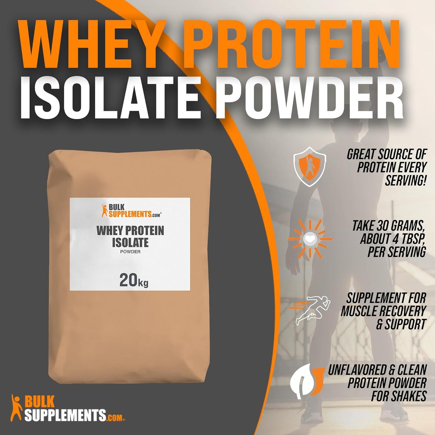 BulkSupplements.com Unflavored Whey Protein Isolate Powder - Flavorless, Gluten-Free Protein Supplement, 30g per Serving, 20kg (44 lbs) Bulk Size