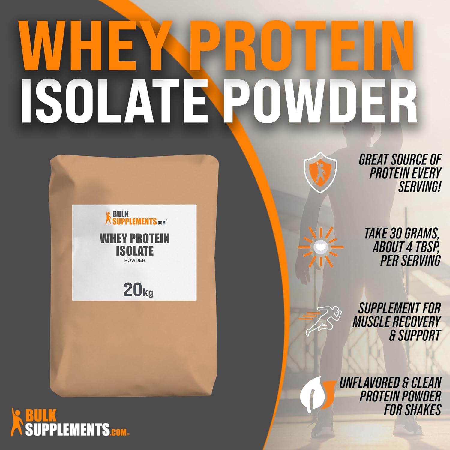 BulkSupplements.com Unflavored Whey Protein Isolate Powder - Flavorless, Gluten-Free Protein Supplement, 30g per Serving, 20kg (44 lbs) Bulk Size