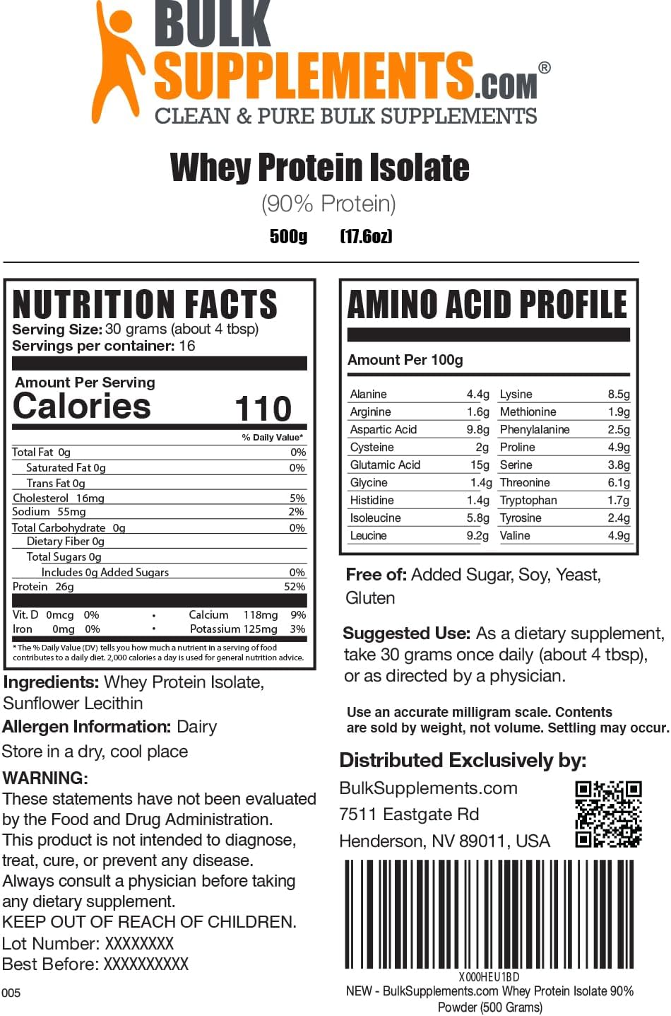 BulkSupplements.com Unflavored Whey Protein Isolate Powder - Gluten Free, 30g per Serving, 500g (1.1 lbs) - Whey Isolate Protein Powder for Athletes - Pack of 1