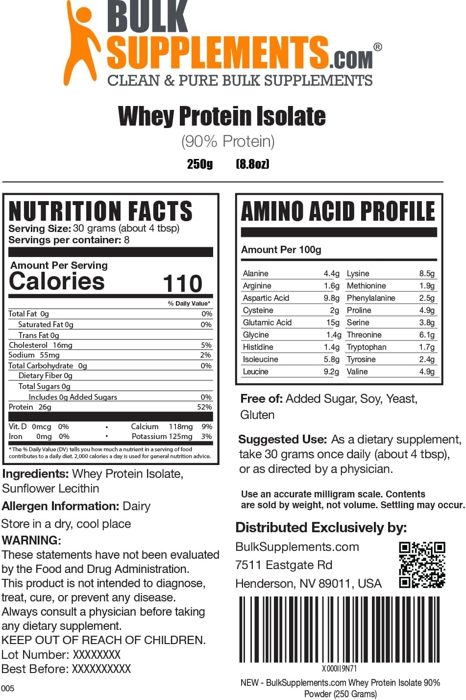 BulkSupplements.com Unflavored Whey Protein Isolate Powder - Gluten Free, 30g per Serving, 250g (8.8 oz) - Pack of 1