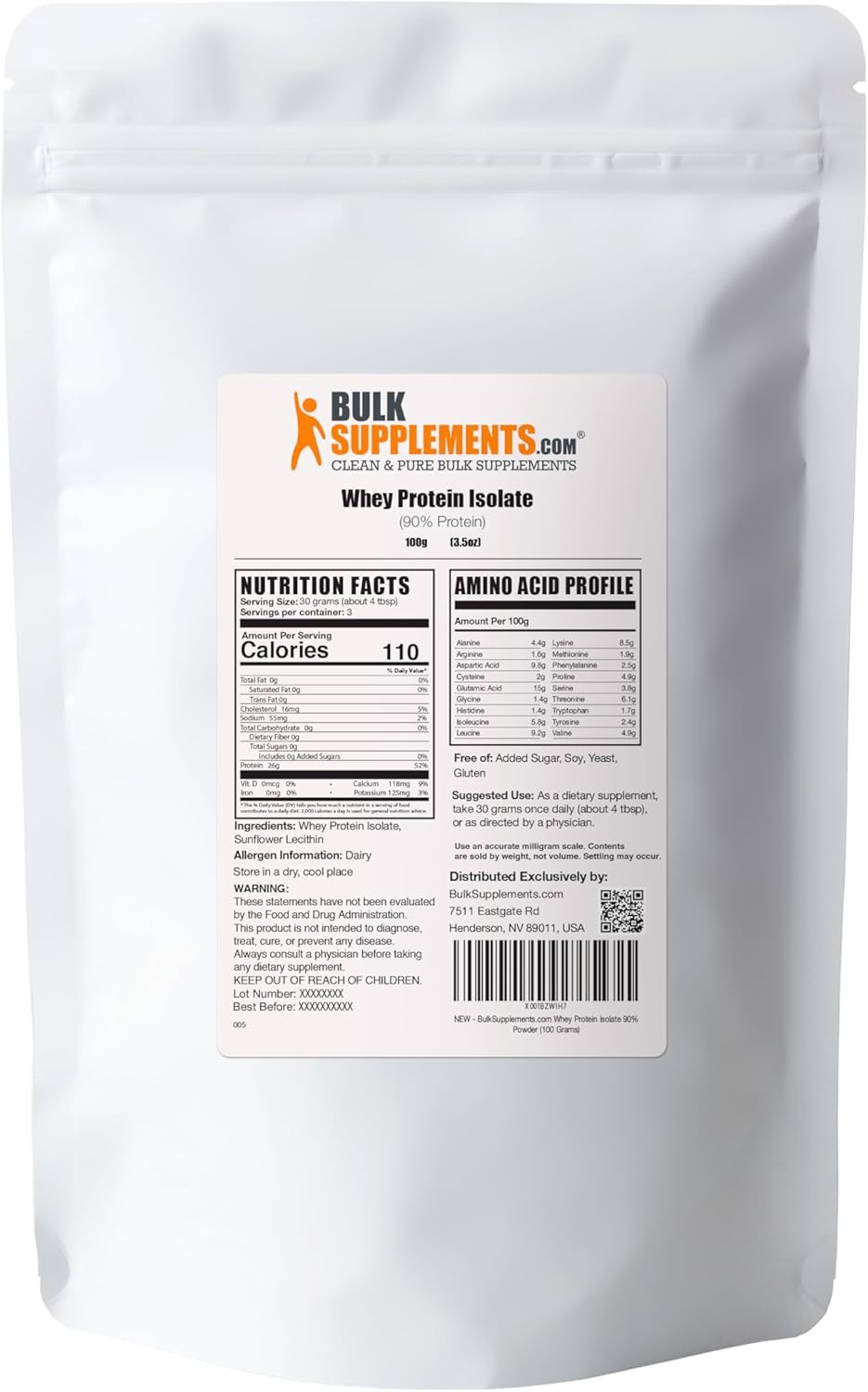 BulkSupplements.com Unflavored Whey Protein Isolate Powder - Gluten Free Protein Powder, 30g per Serving - 100g (3.5 oz) Pack of 1