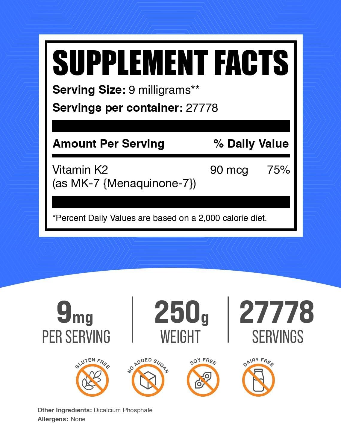 BulkSupplements.com Vitamin K2 MK-7 Powder - Menaquinone Supplement for Wellness - Gluten Free, 9mg per Serving, 250g - Pack of 1