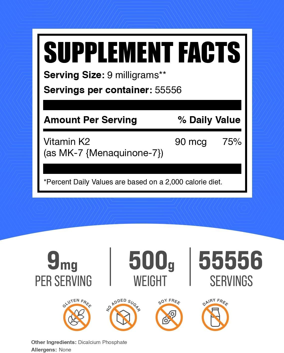 BulkSupplements.com Vitamin K2 MK-7 Powder - Pure Menaquinone K2 Supplement, Gluten Free, 9mg per Serving, 500g (1.1 lbs) - Pack of 1