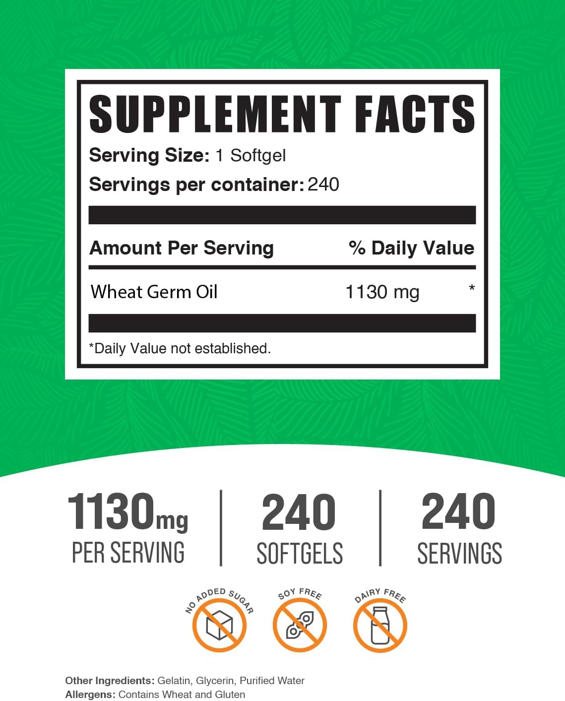 BulkSupplements.com Wheat Germ Oil Softgels - 1130mg Wheat Germ Oil Supplement, Nutritional & Soy Free, 240 Softgels