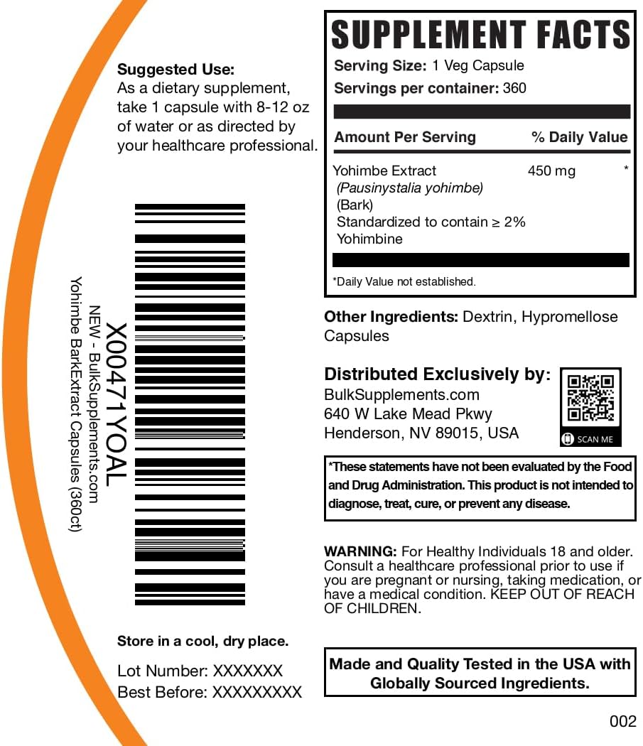BulkSupplements.com Yohimbe Extract Capsules - Herbal Supplement with Yohimbe Bark Extract - Gluten-Free, 360 Capsules