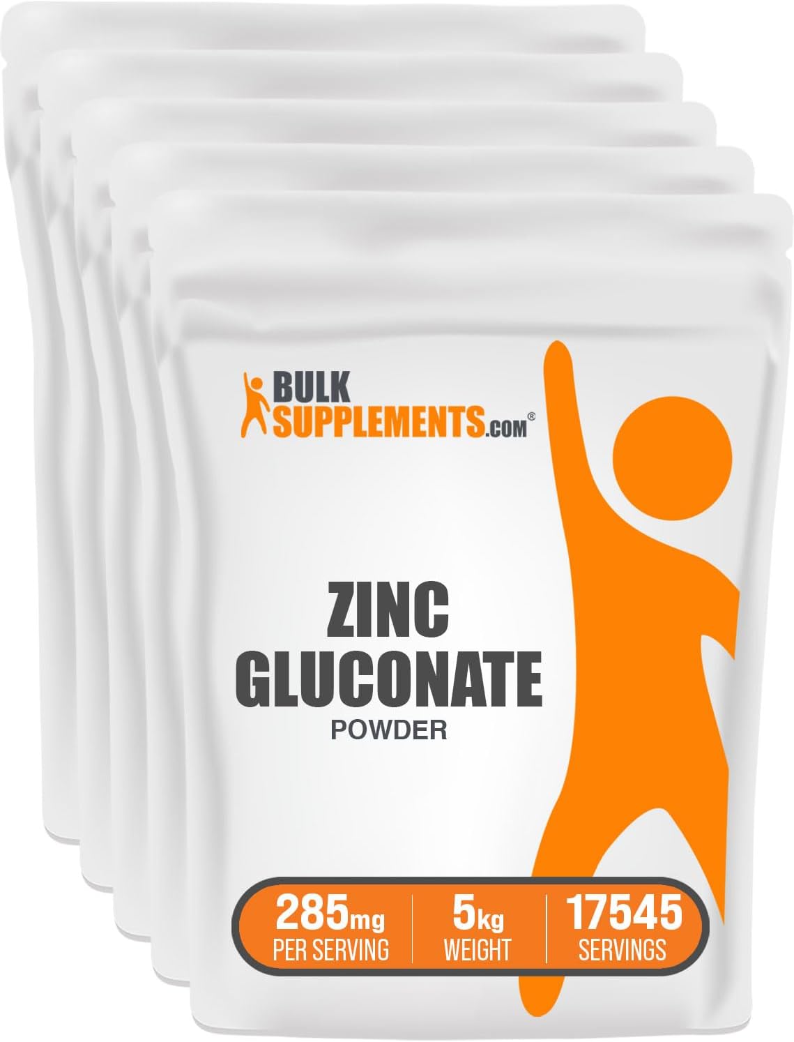 BulkSupplements.com Zinc Gluconate Powder 5kg (11 lbs) - High Potency Zinc Supplement for Immune Support - Gluten Free - Pack of 5