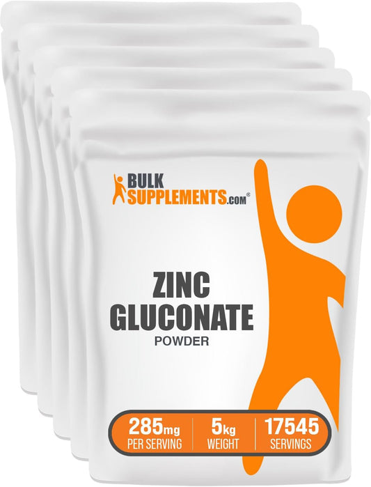 BulkSupplements.com Zinc Gluconate Powder 5kg (11 lbs) - High Potency Zinc Supplement for Immune Support - Gluten Free - Pack of 5