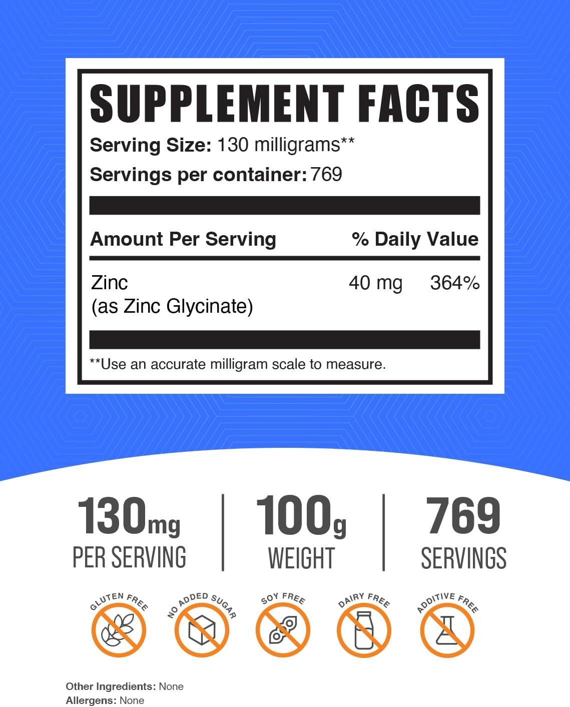 BulkSupplements.com Zinc Glycinate Powder - Immune Support Supplement with 40mg of Zinc - Gluten-Free and Convenient 100g Size - Single Pack of 3.5 oz