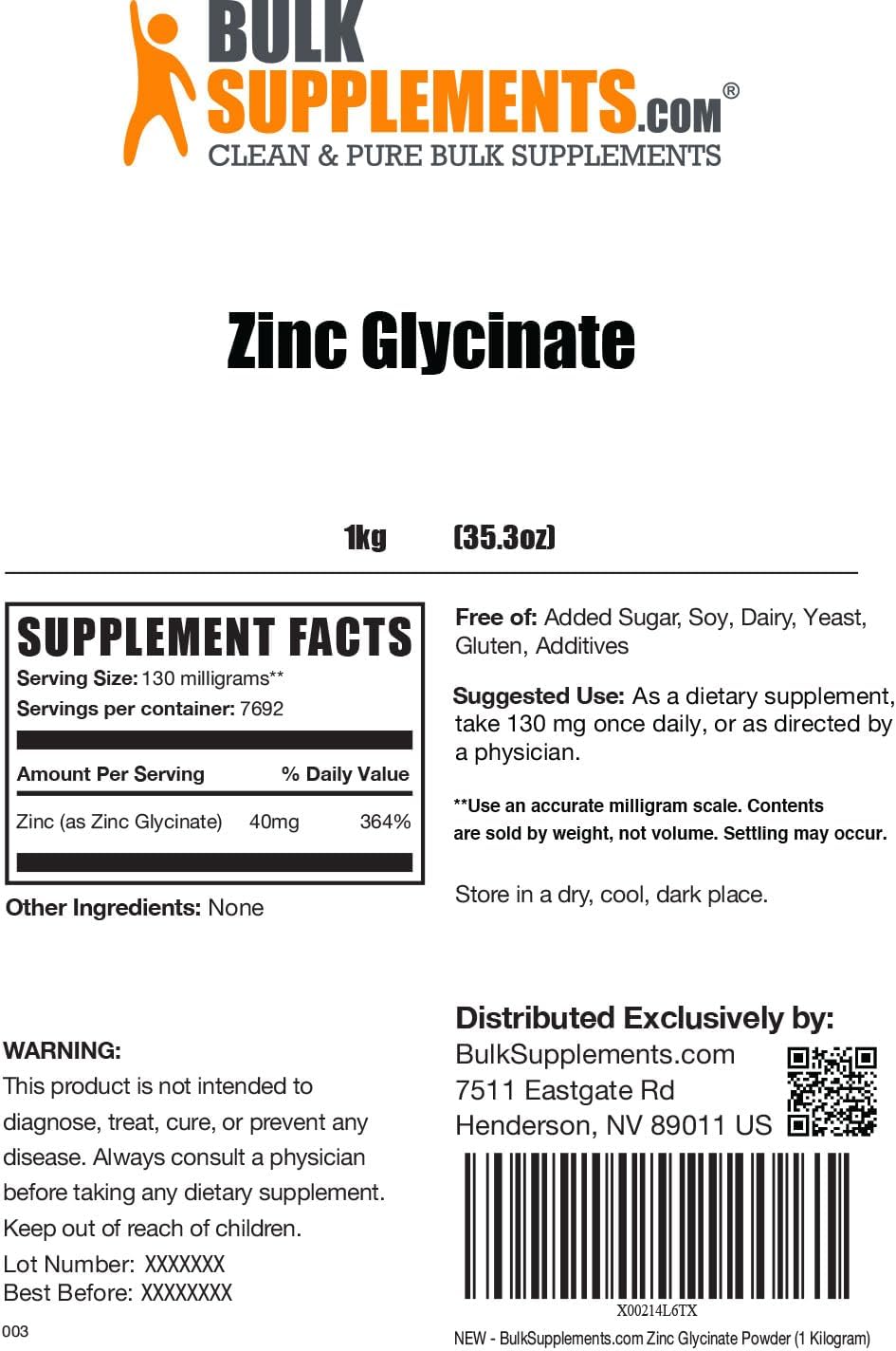BulkSupplements.com Zinc Glycinate Powder - Immune Support Supplement, 40mg Zinc, Gluten Free Mineral Powder - 5kg (11 lbs)