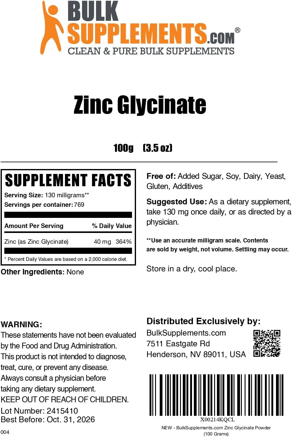 BulkSupplements.com Zinc Glycinate Powder - Immune Support Supplement with 40mg of Zinc - Gluten-Free and Convenient 100g Size - Single Pack of 3.5 oz