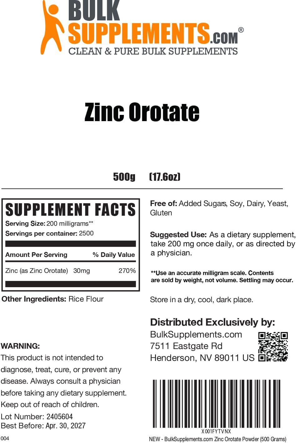 BulkSupplements.com Zinc Orotate Powder - 500g (1.1 lbs) - Immune Support Zinc Supplement - 30mg Zinc Minerals - Gluten Free - Pack of 1