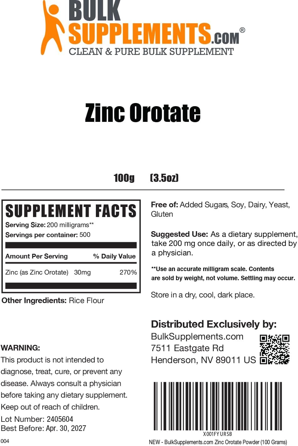 BulkSupplements.com Zinc Orotate Powder - Immune Support Mineral Supplement with 30mg Zinc per Serving - Gluten Free, 3.5 oz (100g) - Pack of 1