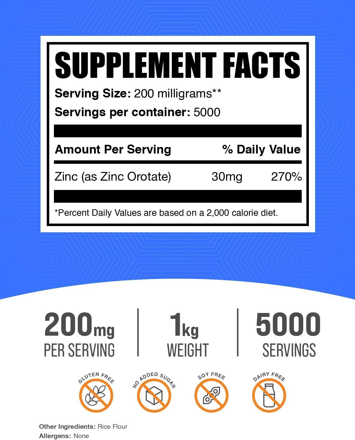 BulkSupplements.com  Zinc Orotate Powder -  Zinc Supplements for Immune Support - Gluten Free - 1kg (2.2 lbs) - 200mg per Serving - Pack of 1