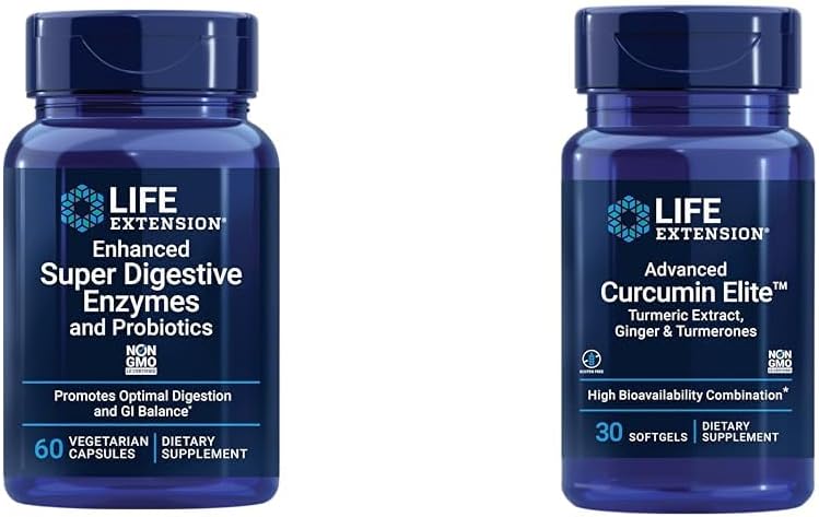 Bundle: 60 Super Digestive Enzymes & 30 Advanced Curcumin Elite Turmeric Extract Capsules by Life Extension