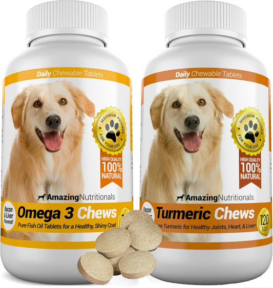 Bundle: Amazing Nutritionals Turmeric & Omega 3 Fish Oil for Dogs - Support Joint Health & Immune System, Promote Healthy Skin & Coat