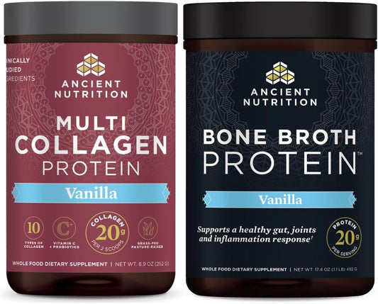 Bundle: Ancient Nutrition Vanilla Collagen & Bone Broth Protein Powders - 44 Servings