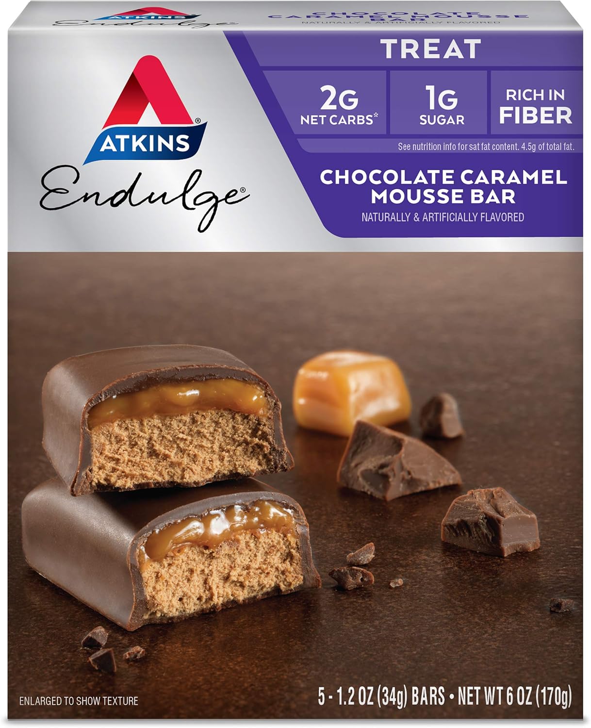 Bundle: Atkins Endulge Chocolate Caramel Mousse Bar & Caramel Nut Chew Bar 5 Count - Low Carb Snacks